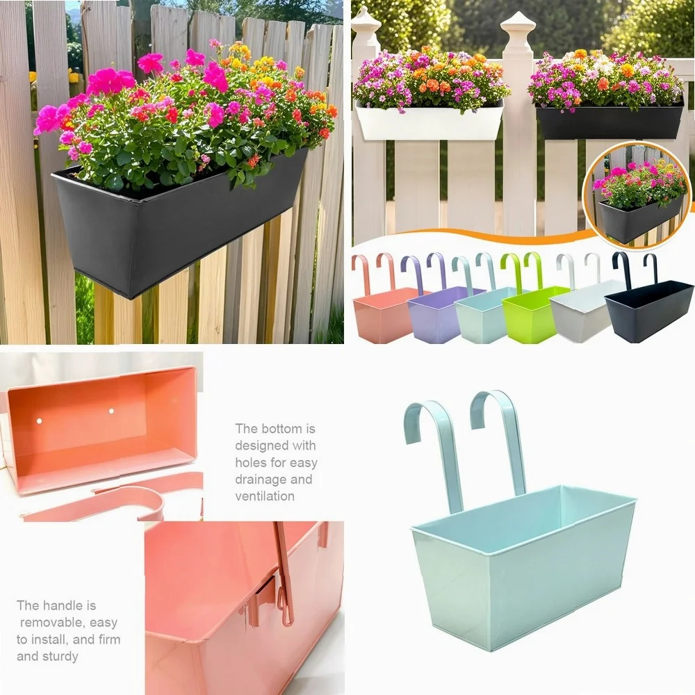 Metal Fence Flower Pot Hanging Detachable Hook With Drainage Outlet At The Bottom Wall Mounted Window Sill Plant Rack