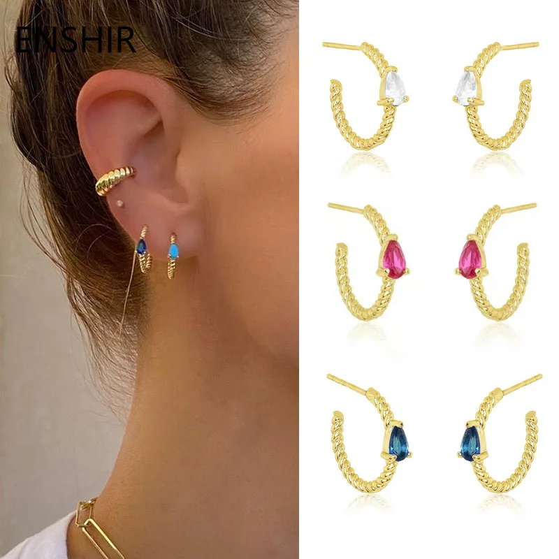 ENSHIR Gold Plated Silver Color Twisted Earrings for Women Waterdrop Multicolor Zircon C Shaped Earrings Jewelry Wholesale