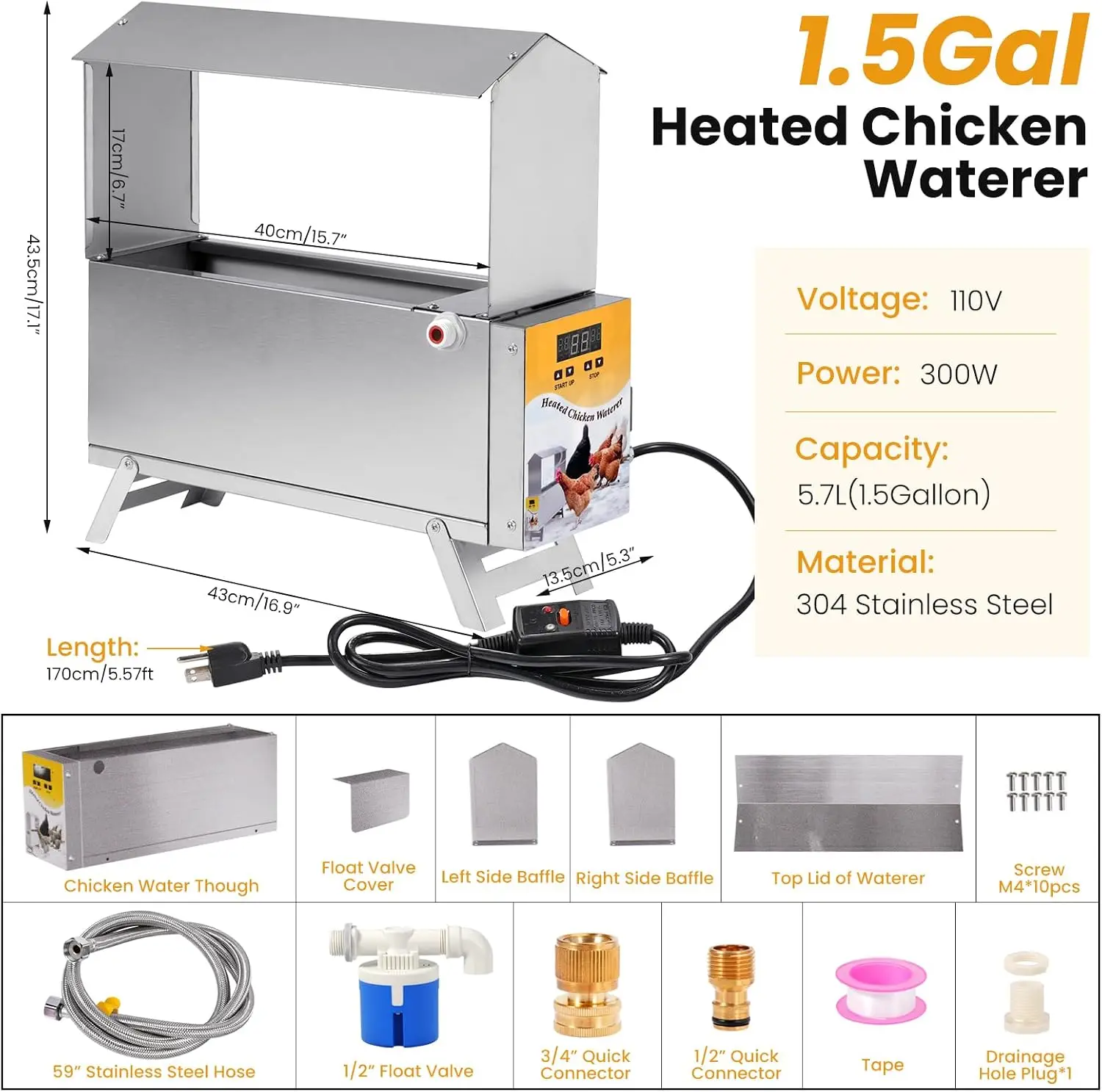 Heated Chicken Waterer – 1.5 Gallon Freeze-Proof Winter Poultry Watering Solution