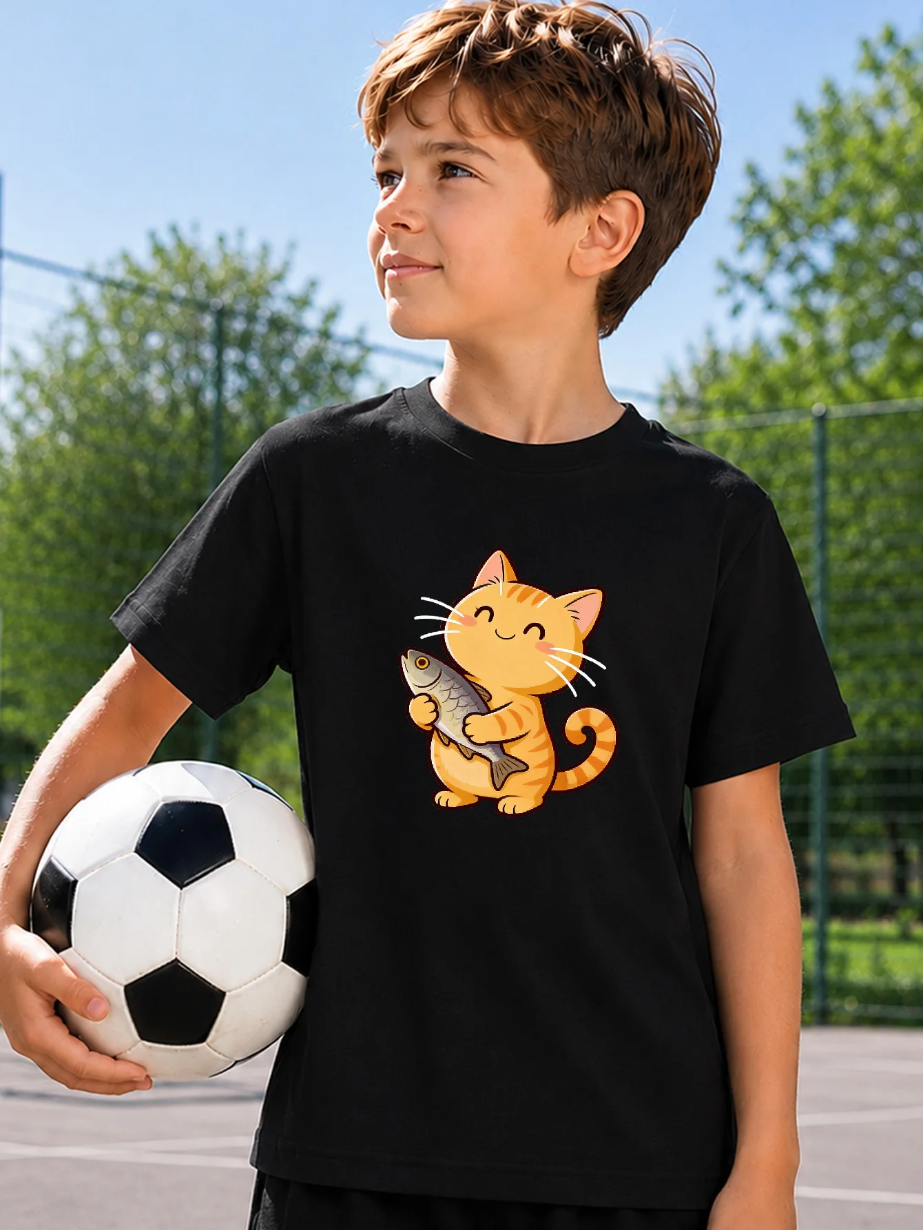 Cute Orange Cat Holding Fish Cartoon Print Boys Girls Family Matching Cotton Short Sleeve Crew Neck Soft Summer Kids Casual Tees