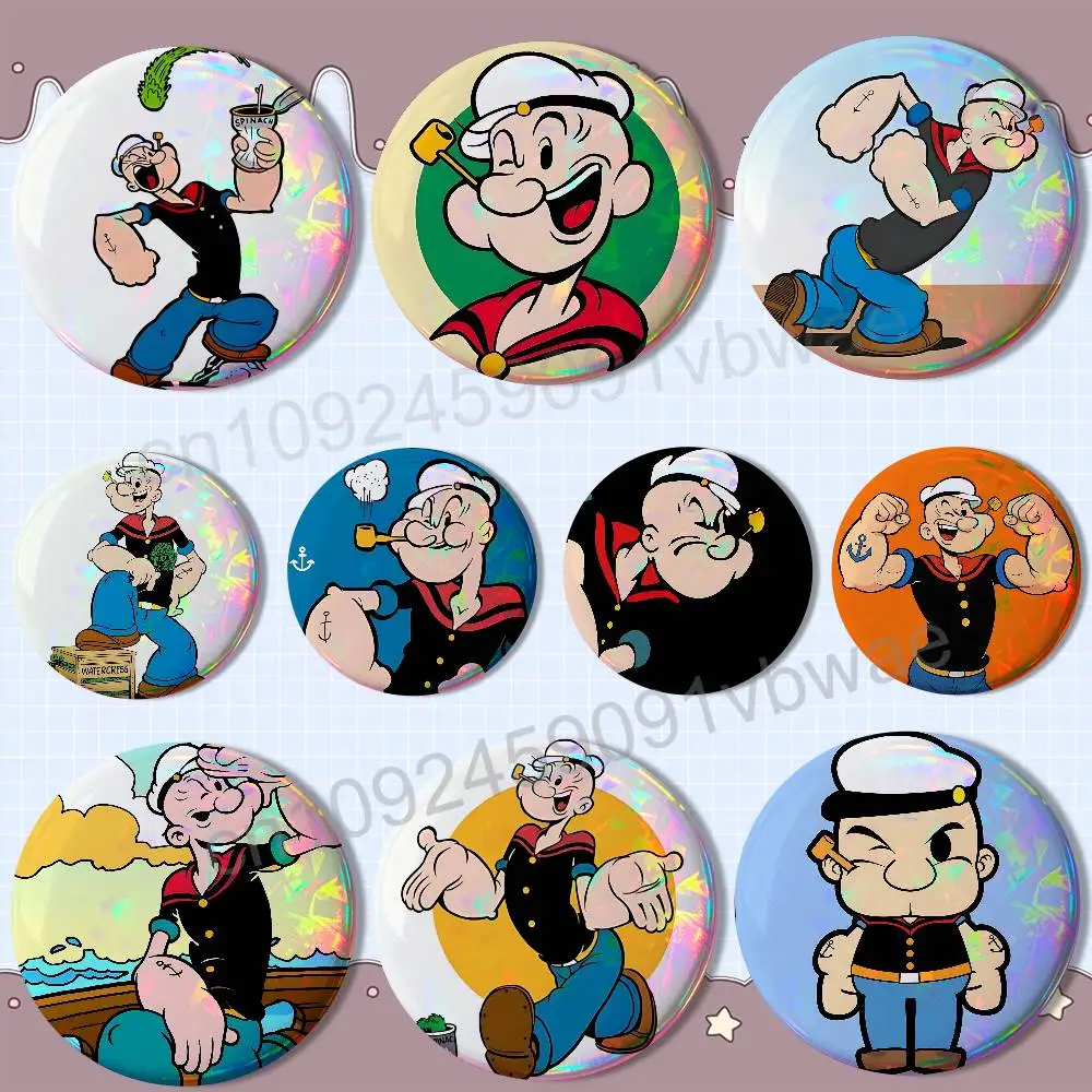Значки-с-изображением-Попайя-моряка-светоотражающие-круглые-с-лазерной-гравировкой-для-сумок-одежды-декоративные-элементы-коллекционные-предметы-подарки-для-друзей