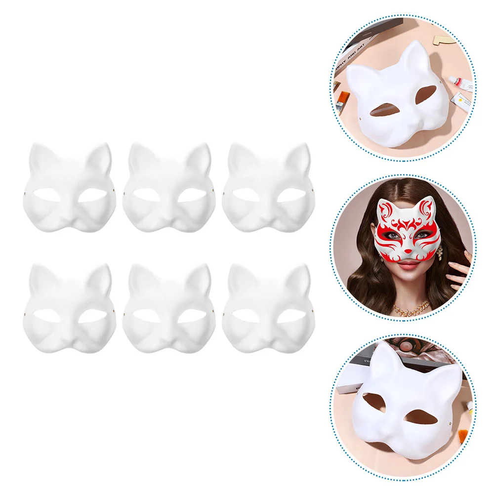 6 ชิ้น Blank Mask Party DIY ภาพวาดสีขาวหน้ากากพรหมกระดาษ Stage Performance Props อุปกรณ์แต่งหน้าสัตว์แมว