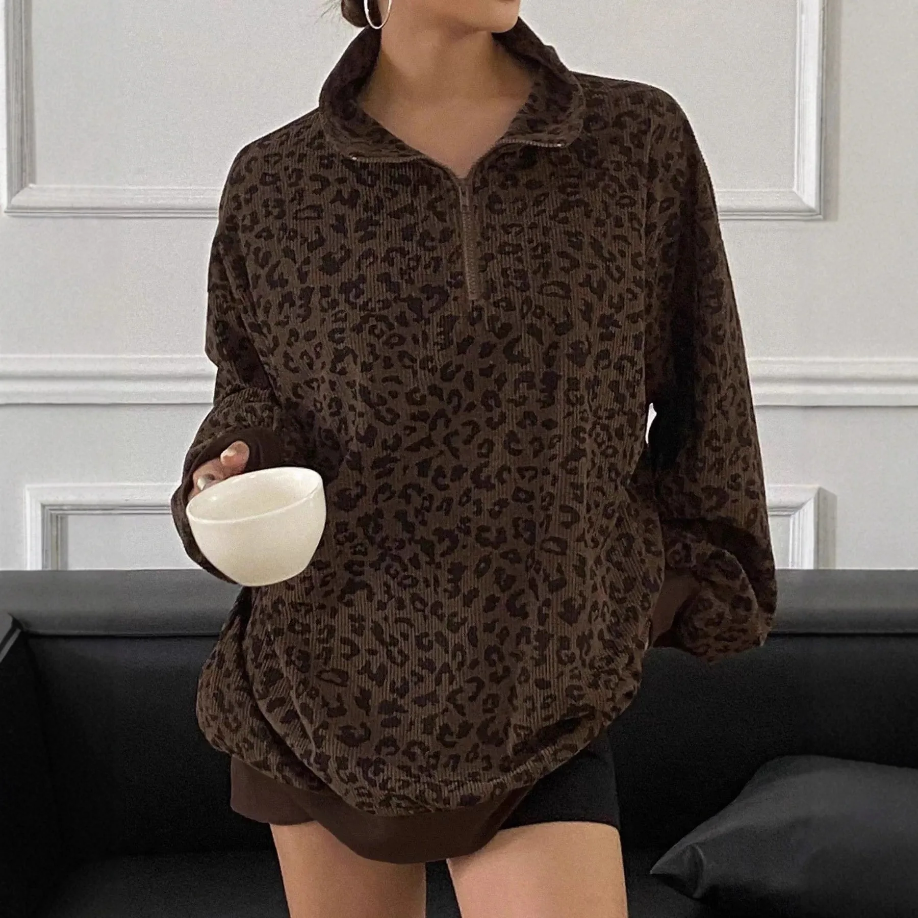 ليوبارد طباعة تنوعا البلوز المرأة سستة التلبيب كم طويل الخريف موضة البلوز Roupa الأنثوية جيرسي Invierno Mujer