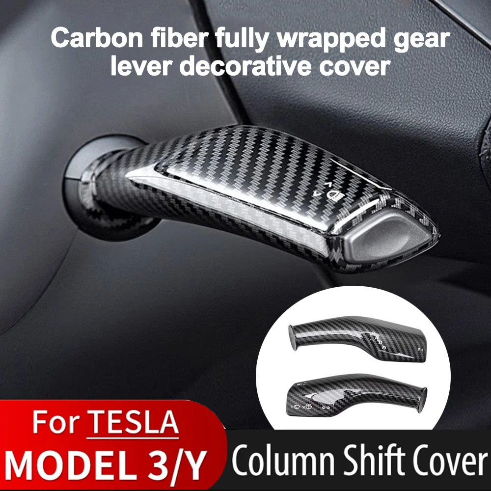 2PCS Carbon Fiber Shift Steering Wheel Whift Protection Cover For Tesla Model 3 Y Car Column Shift Knob Cover Decor For Tesla