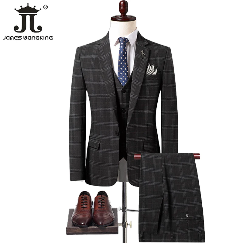 ( Blazer + Vest + Pants ) Boutique Fashion Plaid Mens Formal Business Suit Three-piece Set Groom Wedding Dress Male Slim Suit
