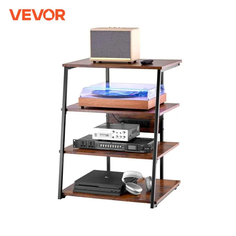 VEVOR AV Media Stand with Power Strips Corner TV Stand Height Adjustable Wooden Shelve for DVD Player Cable Games Consoles Brown