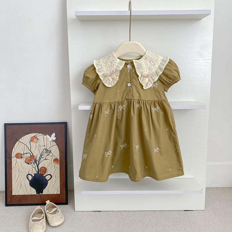 1-6Y Mädchen Bogen Prinzessin Kleider Neue Sommer Baby Kleid Puff Sleeve Stickerei Blütenblatt Kragen Kleinkinder Kinder Baumwolle Nette Party Kleid