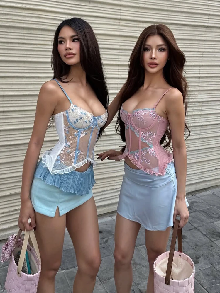 

Lace Embroidered Splicing Sling Fishbone Corset Low Cut See Through Ruffle Hem Sleeveless Cropped Tops 2026 Beach Vacation Vest