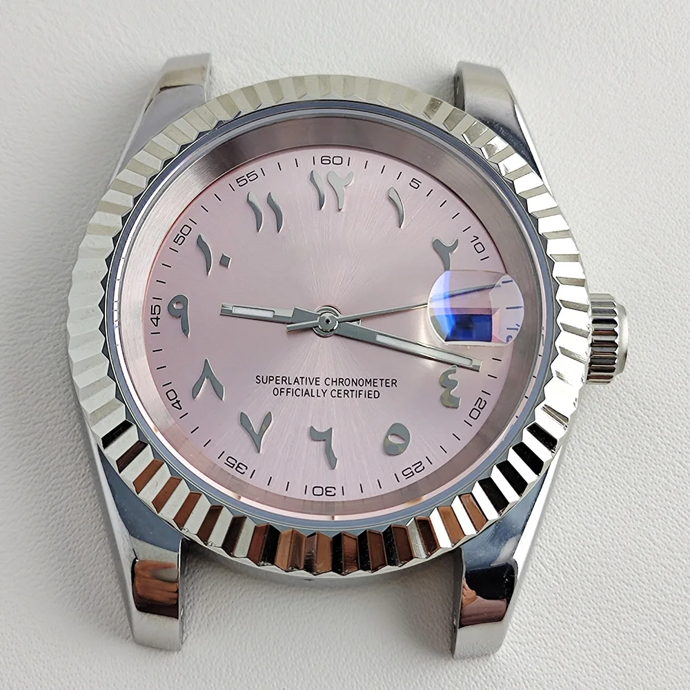 NH35 case pink Arab NH35 dial sapphire Stainless Steel Case Transparent Case Back for NH35 Movement