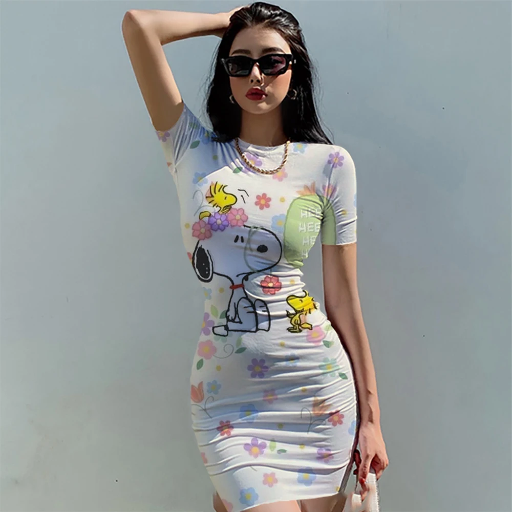 Abito girocollo a maniche corte e abbigliamento donna stampato in cartone animato confortevole grande estate Snoopy attillata e Sexy