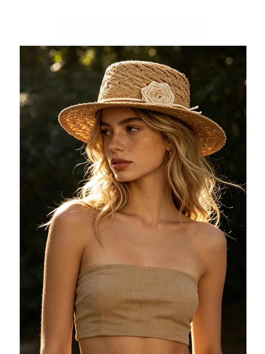 fetsbuy-chapeau-de-paille-laffey-tisse-a-la-main-respirant-a-calotte-plate-pare-soleil-motif-floral-chapeau-en-herbe-robuste-pour-hommes-et-femmes