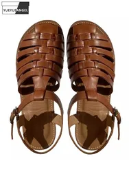 Vintage Weaving Design Women Gladiator Sandal Handmade Buckle Strap Hollow Out Cowskin Genuine Leather Sandal Casual Flat Shoes