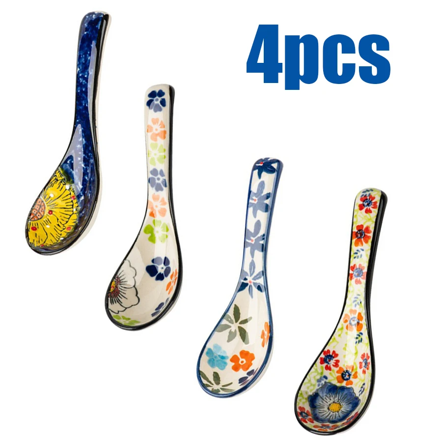 4Pcs Ceramic Breakfast Spoons with 4 Different Patterns, For Milk, Dessert, Salad and Coffee
