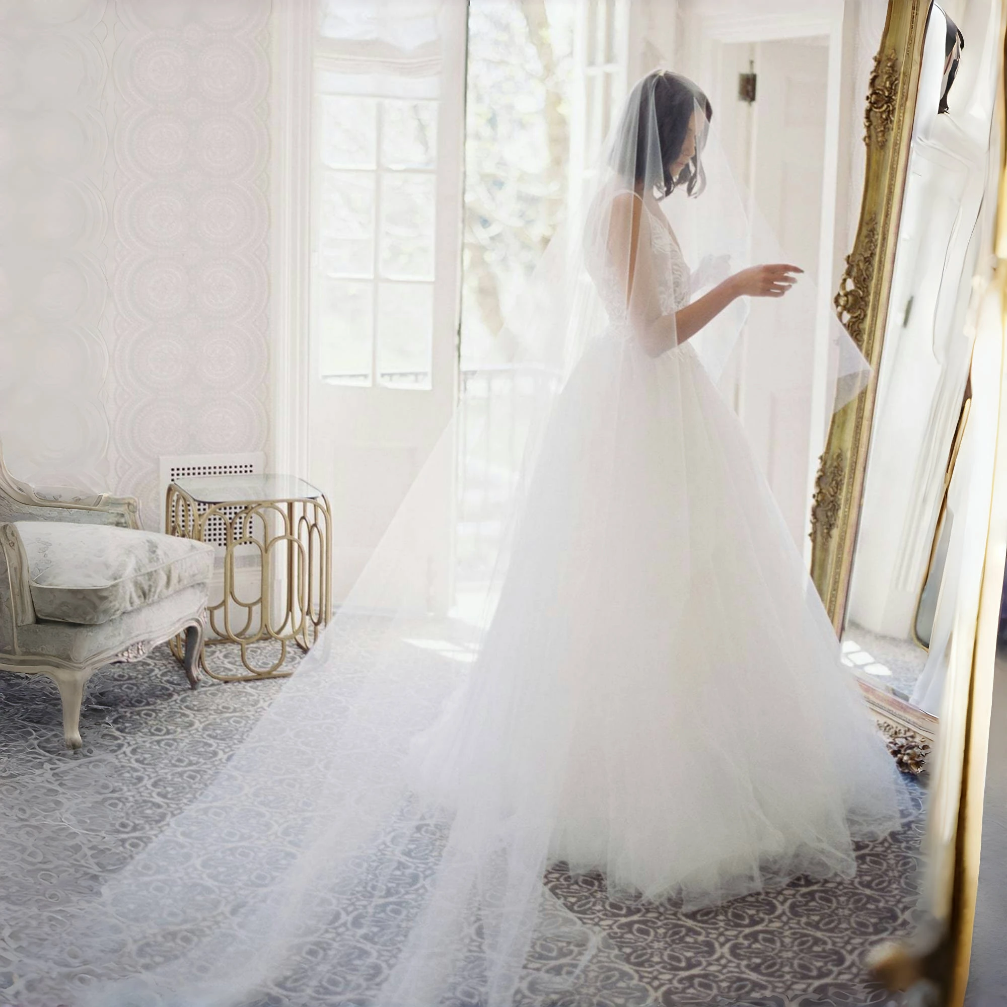300x300cm 2 Tier Cathedral Wedding Veil with Blusher Soft Tulle Bridal Veil Long Church Ceremony Party Accessories G25