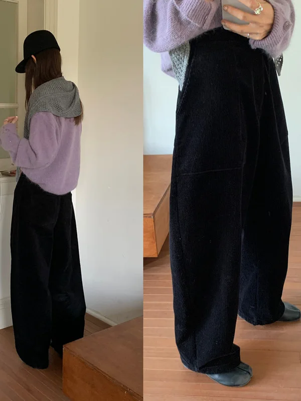 الرجعية كسول Sle Thi سروال قصير بنطال ذو قصة أرجل واسعة المرأة الخريف الشتاء عادية المنجل السراويل الكورية Sle عالية الخصر فضفاضة تناسب #5