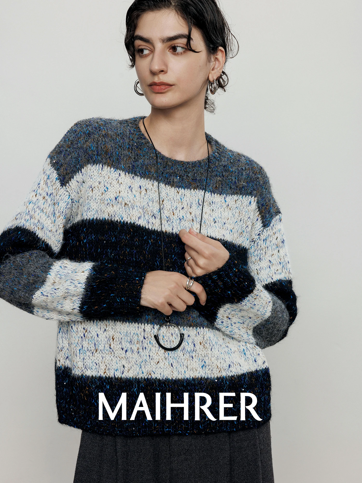 

Женский свитер Maiher в стиле ретро с полосками, свободного кроя, с круглым вырезом, осенне-зимний, новый, простой и элегантный, с цветовыми блоками, с длинными рукавами