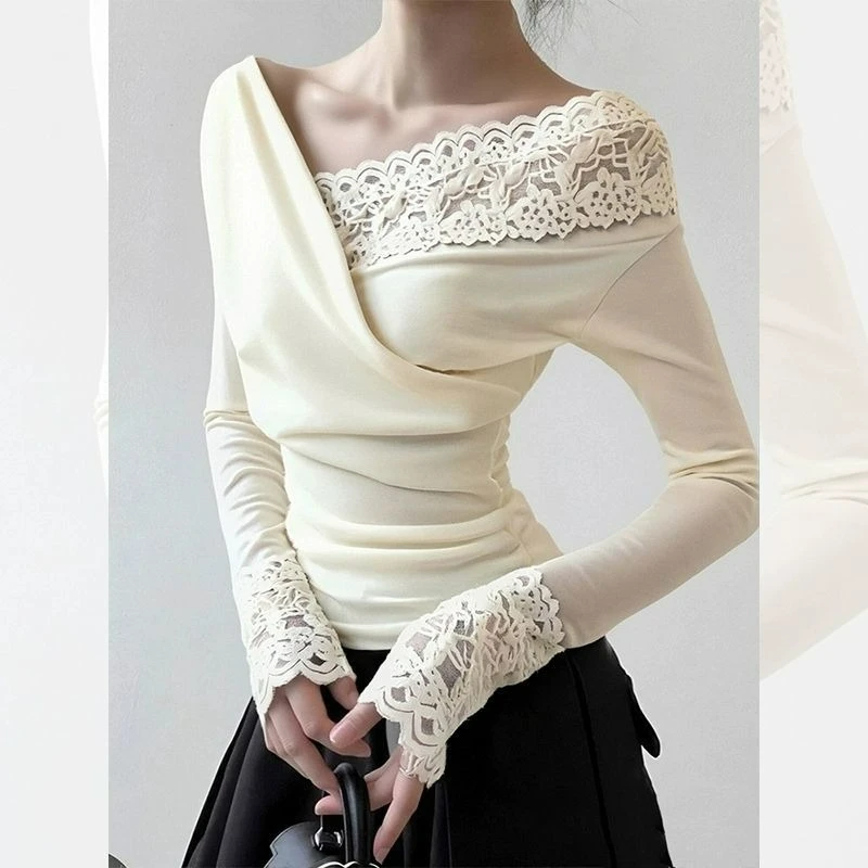 

Корейская ретро абрикосовая кружевная лоскутная рубашка с диагональными плечами и v-образным вырезом для женщин, осень 2026, высококачественная базовая рубашка, внутренний топ