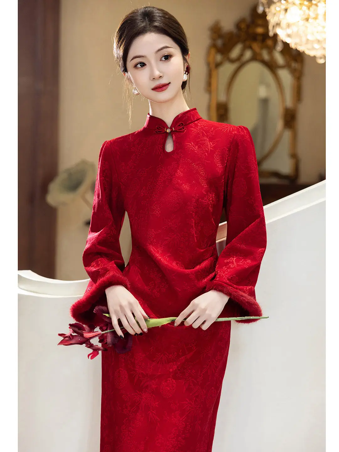 

Red Chinese Sle Wedding Dr Winter Thiened Fce Lined Long Sve Warm Dr for Wedding Ceremony