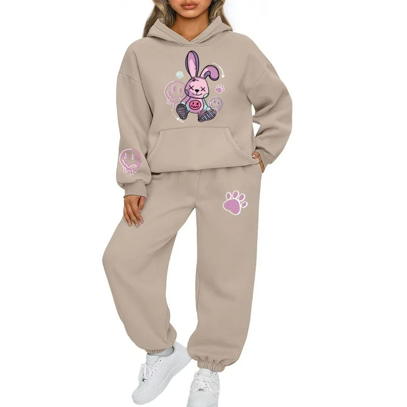 2025 Spring and Autumn Sportswear High end Printed Hooded Long sleeved Hoodie Tight Foot binding Pants Fashion Two piece Set