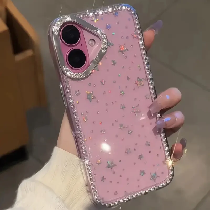 Casing ponsel mewah berhiaskan berlian imitasi, bingkai berlian berkilau dengan bintang transparan, pelindung anti jatuh, cocok untuk iPhone 1