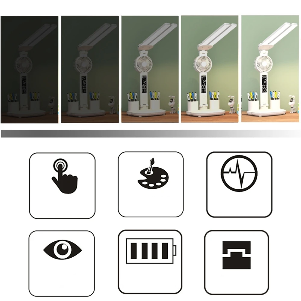 LED Desk Lamp with Fan, USB Rechargeable Dimmable Touch Foldable Table Lamp with Pen Holder Eye Protection Angle Adjustable
