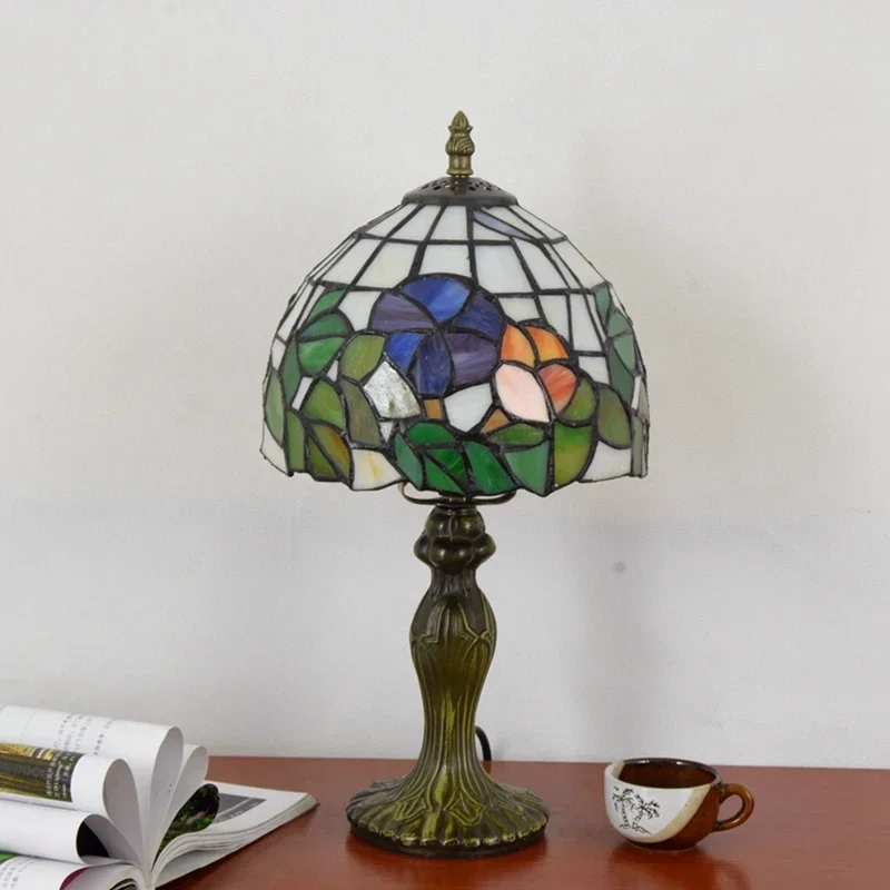 Tiffany Style Table Lamp, Yellow Baroque Stained Glass Reading Lamp with Antique Design for Bedroom and Living Room