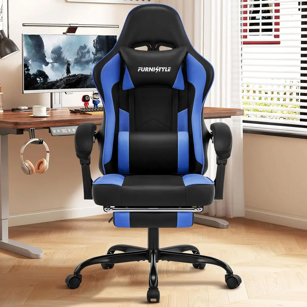 Ergonomic Swivel Gaming Chair for Adults: Adjustable Lumbar Support, Reclining, Blue