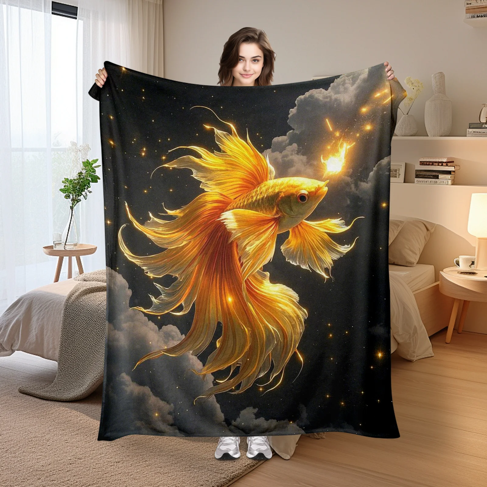 

Golden Betta Fish Blanket Starry Night Design Fantasy Themed Cozy Throw For Home Decor Gift Idea Dreamy Aquatic Theme With Stars