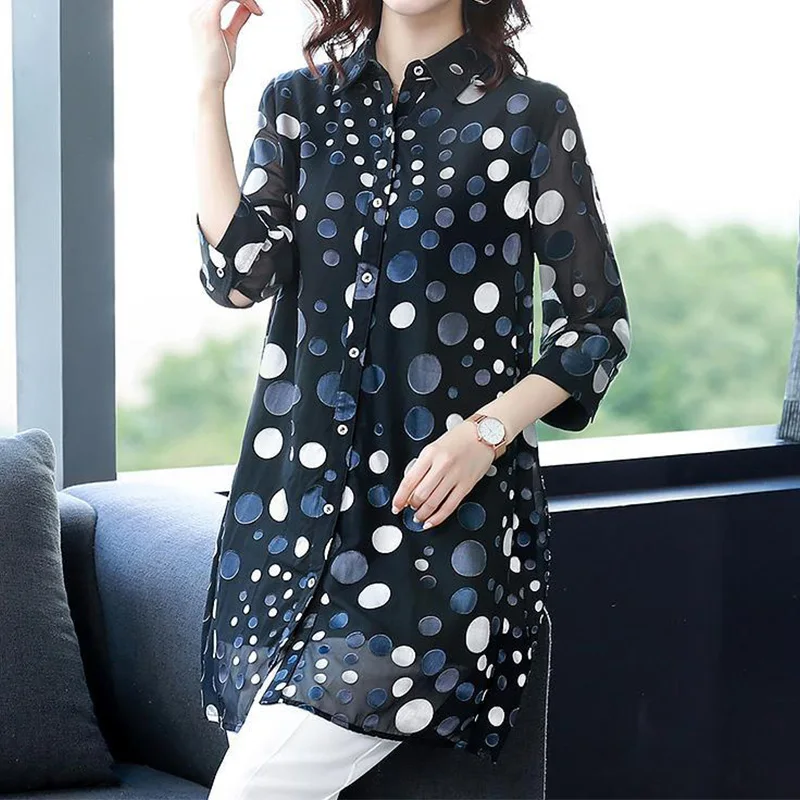 Casual Vintage Polka Dot Button Long Shirt Summer 2023 New Office Lady Polo-Neck Three Quarter Sleeve Loose Tops Ladies Clothing