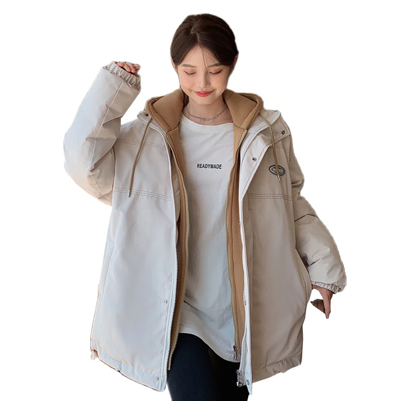 

Winter Jackets 2022 New Casual Fake Two-piece Thick Warm Short Cotton Coats Female Stitching Outwear Loose Hooded Women's Parka