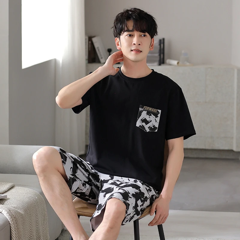 

Men's Cotton Pajamas Homewear Set New Men's Summer Thin Set Letter Printed Sleepwear Boy Shorts Nightwear Homme Pyjamas Dropship