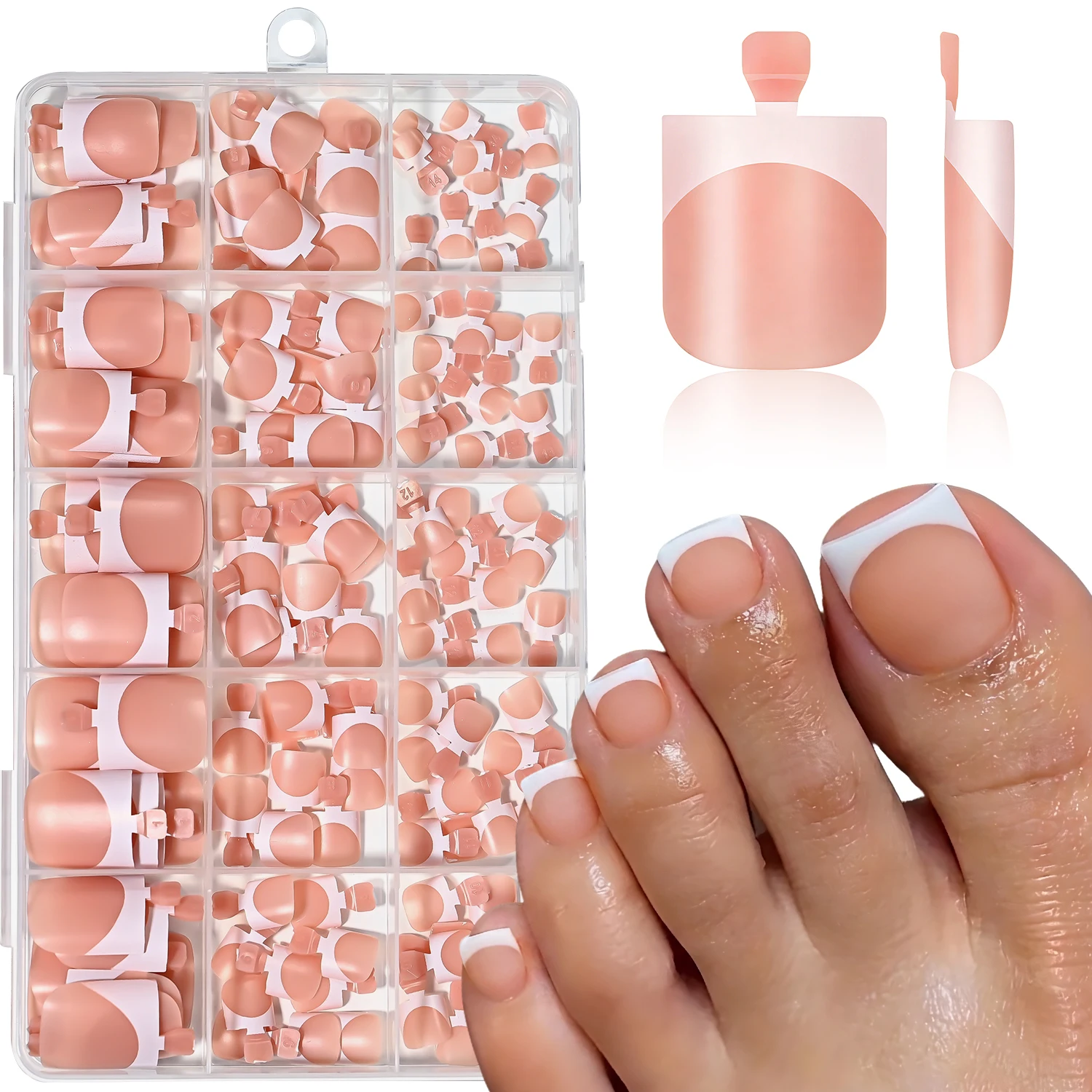 150 Stück halbtransparente, matte, französische Kunst-Zehennägel, kurze, quadratische, weiße Kanten, zum Aufkleben, Sommer, vollständige Abdeckung, falsche Fußnägel