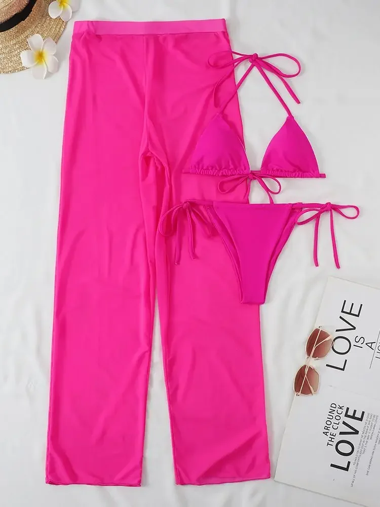 Conjunto de Bikini de tres piezas de neón para mujer, traje de baño Sexy con pantalones para cubrir la playa, traje de baño transparente para mujer 2022