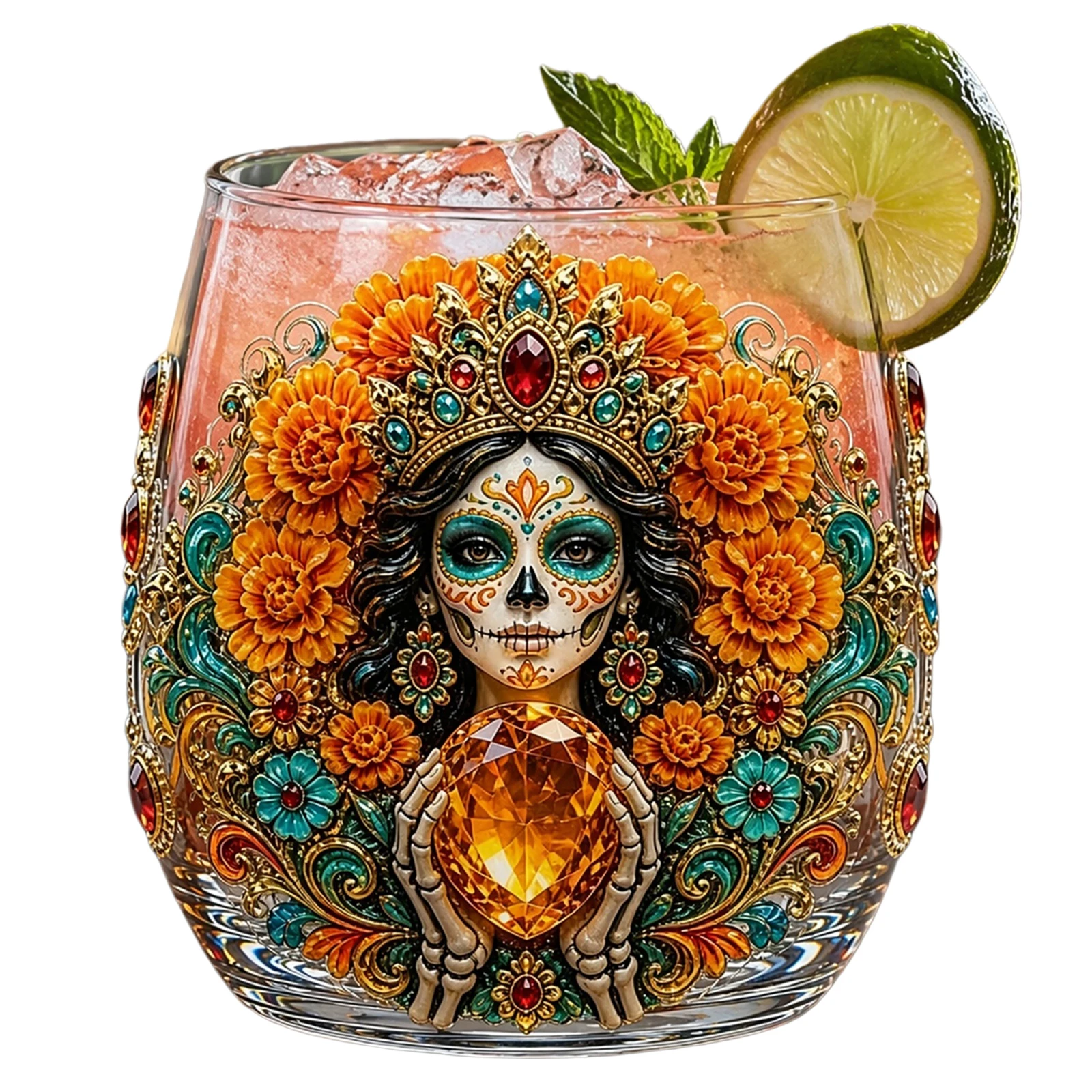 Gothic Skull 3D Crystal Rocks Glass Day of the Dead Gold Detail Barware Whiskey Cocktail Gift