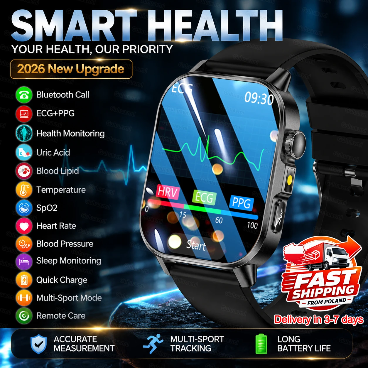 Montre de surveillance de la santé ECG + PPG Pression artérielle Écran AMOLED Diagnostique précis Montres de santé Oxygène sanguin Acide urique Femmes Montres intelligentes ECG Tracker de mouvement Bracelet intelligent Cadran personnalisé Homme
