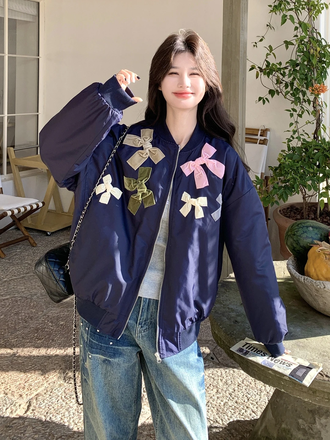 

Sweet Cool Casual Style Baseball Jacket Women's Knot Spring Autumn New Style Age Reduction Loose Fit Top Coat