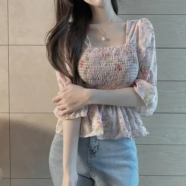 قميص شيفون للنساء بأكمام واسعة مزهّرة جديدة ملفوفة في الصدر والخصر لجعل أن يبدو أن تكون قميصًا نحيفًا للنساء