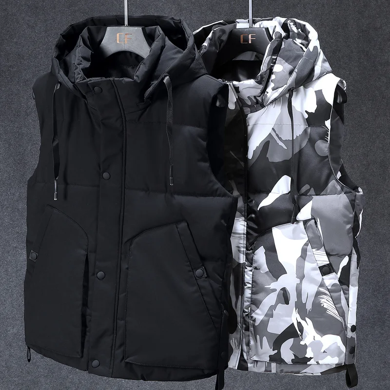 

Plus Size L-7XL Autumn Winter Sleeveless Jacket For Men 2023 New Brand Camouflage Cotton Vest Hooded Warm Casual Black Waistcoat