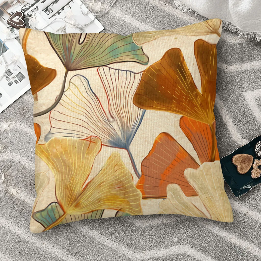 Ginkgo Large Painting Fall Colors Leaves Leaf Polyester Cushion Cover For Bedroom Garden Decorative Kawaii