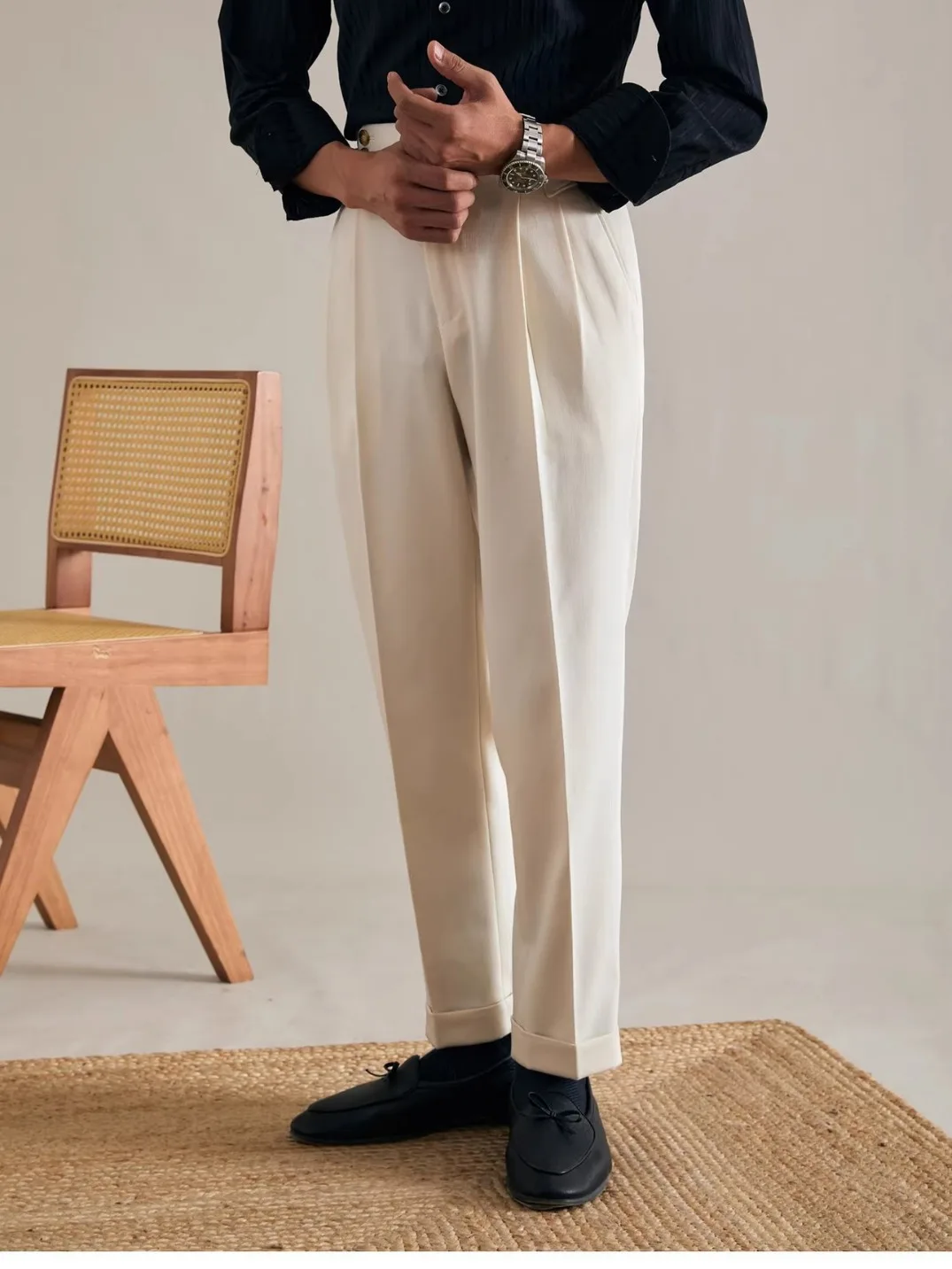 AI NI YA Spring Italian style Paris buckle Naples straight leg trousers mid high waist men's casual business suit long pants