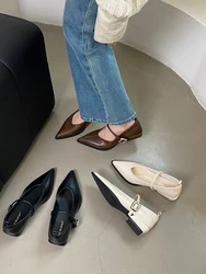 Pointed Toe Women Loafers Black Brown White Casual Mules Shoes Belt Buckle Shallow Slip On Low Flat Heeled Party Pumps Size 40