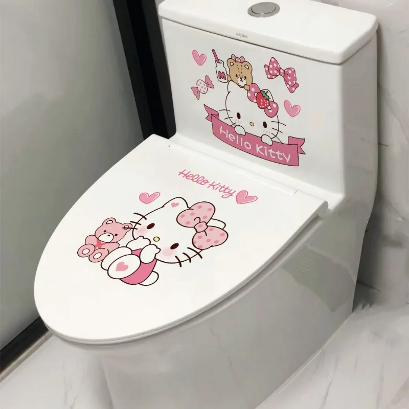 Kawaii sanrio olá kitty 3 peças adesivo de vaso sanitário tampa de vaso sanitário adesivo de parede decoração de vaso sanitário à prova d'água brinquedo artesanal