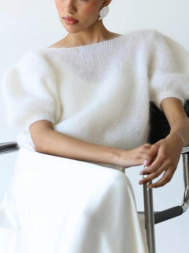 Tossy Mohair Cardigan Puff Sleeve V Neck Button Front Cropped Short Sleeve Autumn Winter Daily Black White Pink Cardigan 2026