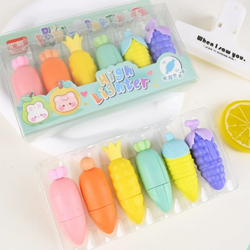 

6box/lot Creative Fruit Vegetable Shape 6 Colors Highlighter Cute Mini Drawing Marker Pens Promotional Gift Office School Supply