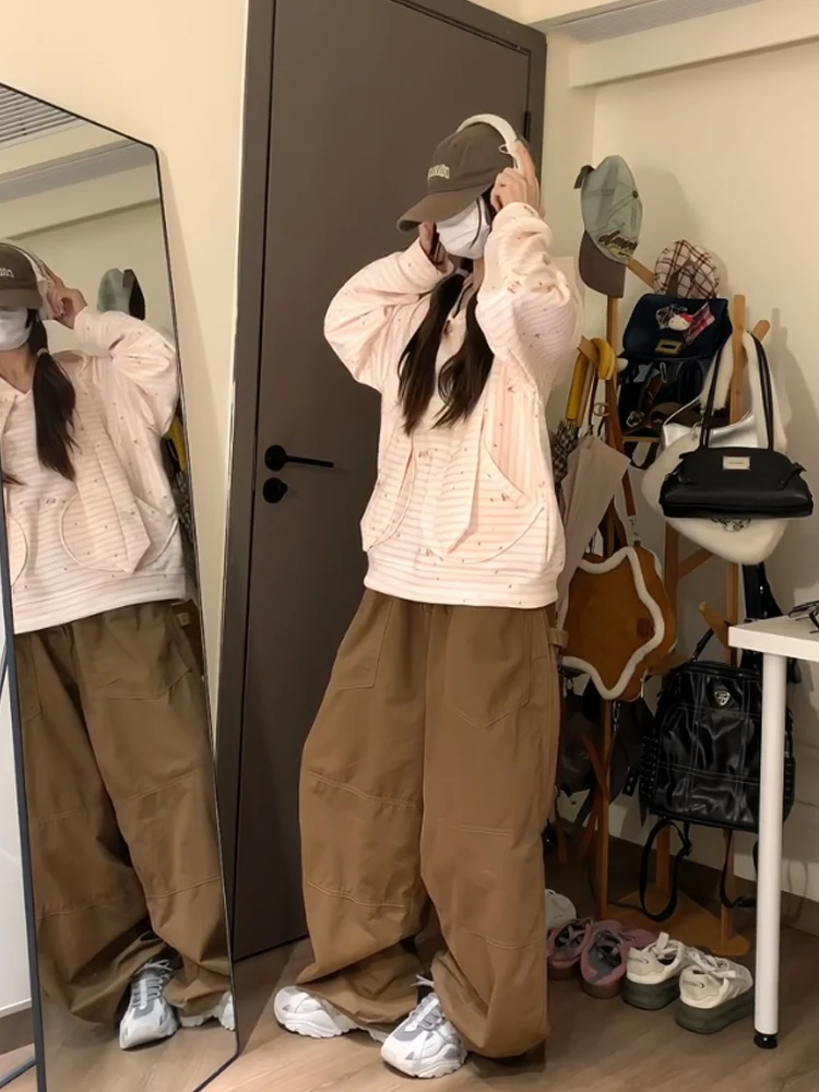 Amerikaanse Sle schattige kleine hond roze gestreepte hoodie dames lente herfst losse bijpassende bovenkleding casual comfortabel sweatshirt