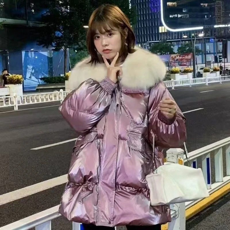光沢のある大きなファーカラー2025厚手ジャケット冬用ショートパンツ保温ダウンジャケット新作ダックダウンおしゃれで甘いフレッシュなコートゆったり