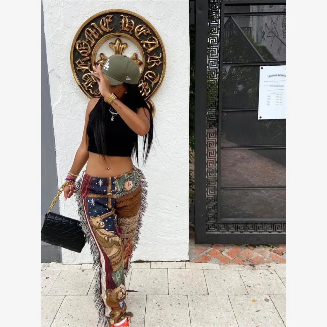 

Повседневные брюки с мультяшным принтом и бахромой, прямые длинные брюки в уличном стиле, с естественной линией талии, из синтетической кожи и других материалов