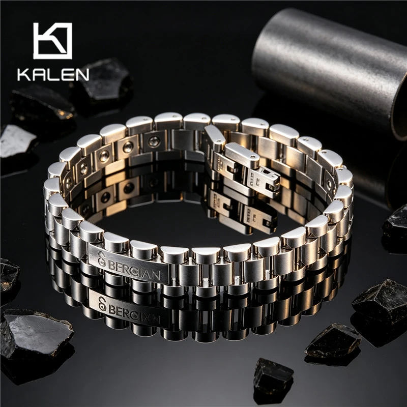 Kalen 10mm Stainless Steel Watch Link Bracelet For Men Polished Metal Chain ID Tag Jewelry Office Casual Male Hand Accessories