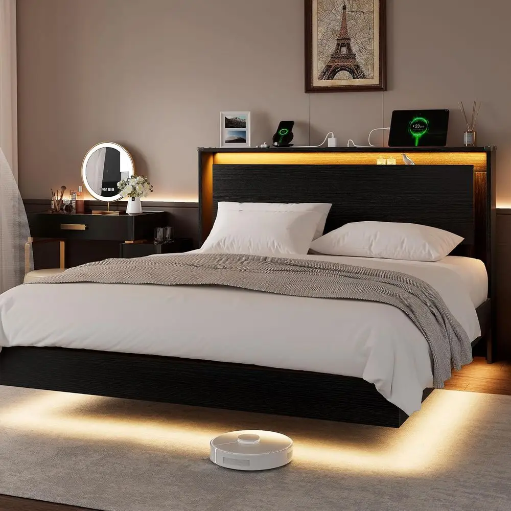 

Children's LED Lighted Floating Wood Bed with Storage, Charging, and Noiseless Design, Easy Assembly, Black