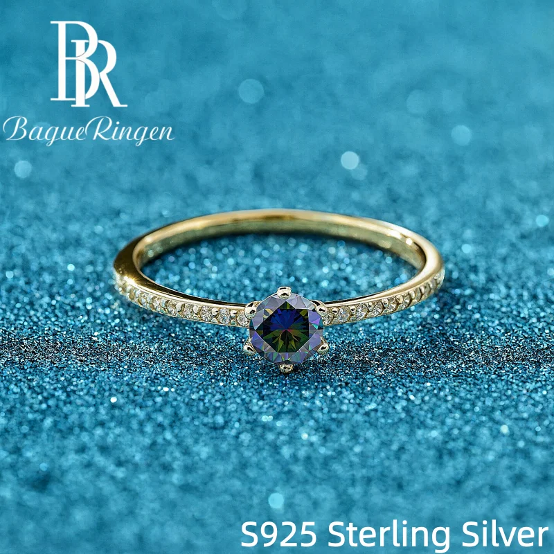 BR 0.4ct Round Moissanite Ring S925 Silver 18K Gold Plated Six Prong Pave Band Wedding Engagement Jewelry Gift For Women